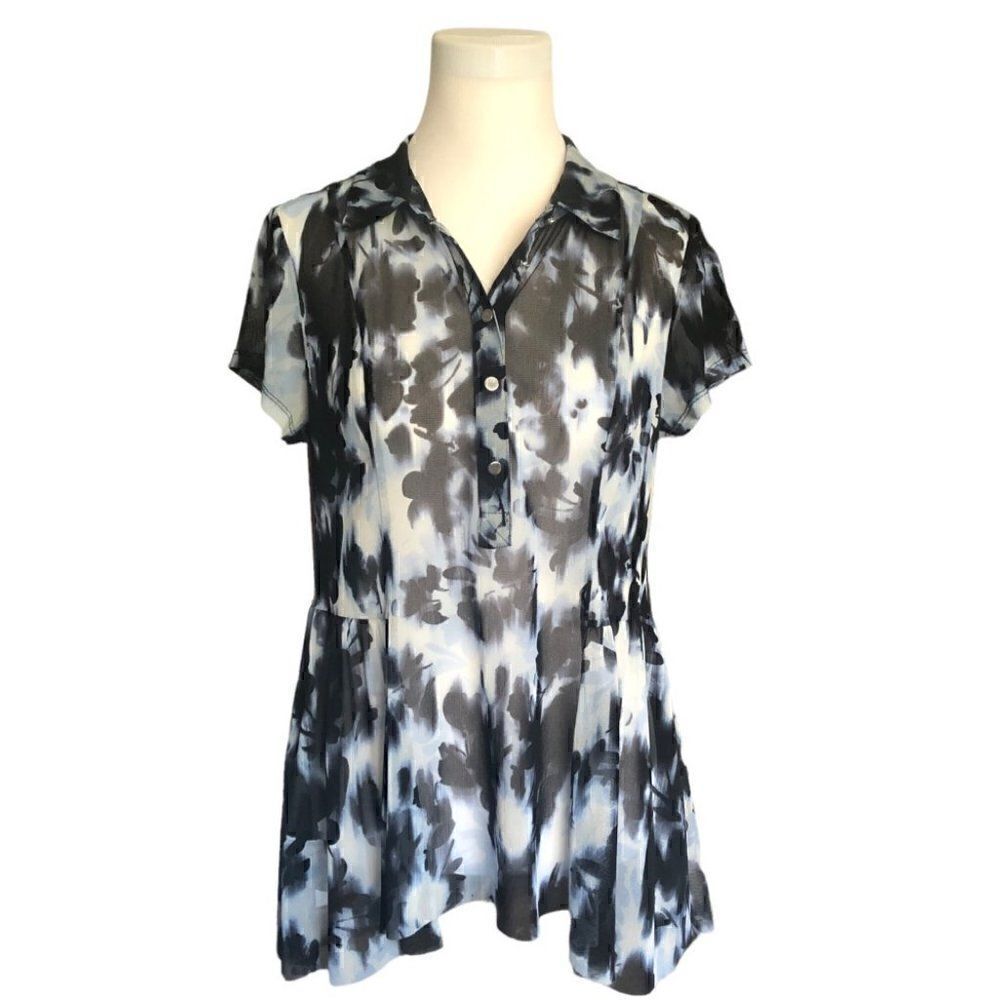 INC Top - Sheer Blue - Short Sleeve Blue Graphic Print - Sz L - Like New
